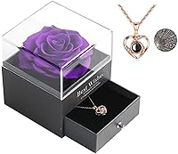 Vista 8 de Skalago Rosa real preservada con collar de corazón I Love You en 100 idiomas, hecho a mano, flor de rosa real encantada para el día de San Valentín