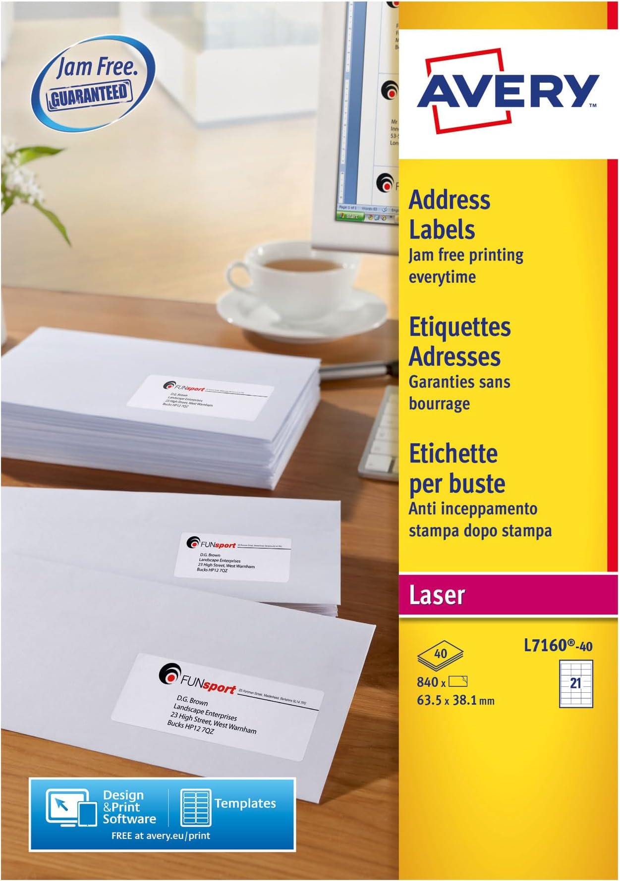 L7160 Address Labels, White, 63.5 x 38.1 mm, 21 per A4 Sheet, 40 Sheets 840 Labels, JamFREE UltraGrip QuickPEEL, for Laser Printers, FSC Certified (L7160-40)