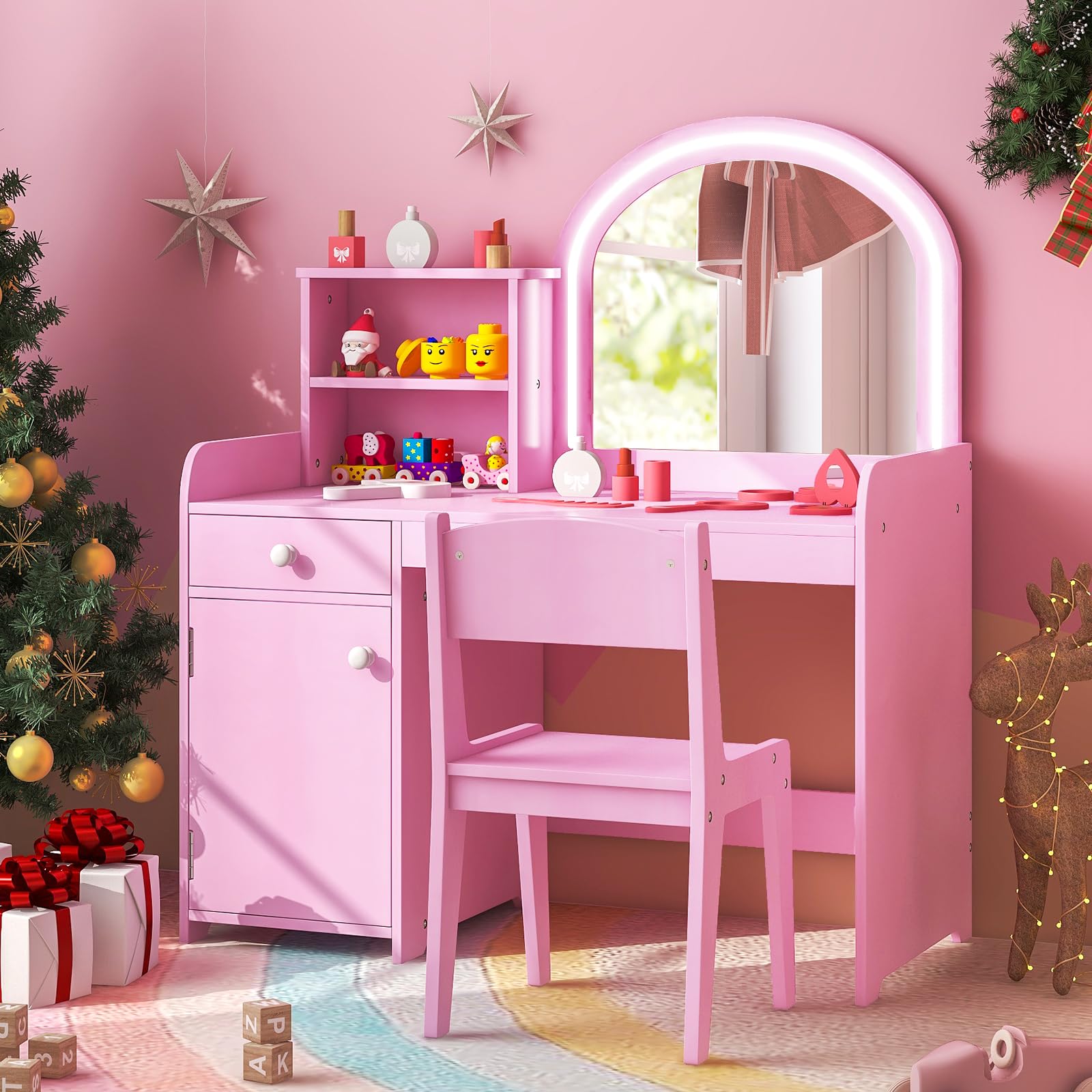 GOPLUS 2 in 1 Schminktisch für Kinder, Schminktisch- & Stuhl mit Regale, Schublade & Schrank, Prinzessin Frisiertisch mit Spiegel & zweifarbigen LED-Lichtern, für Kinder ab 3 Jahren (Rosa)