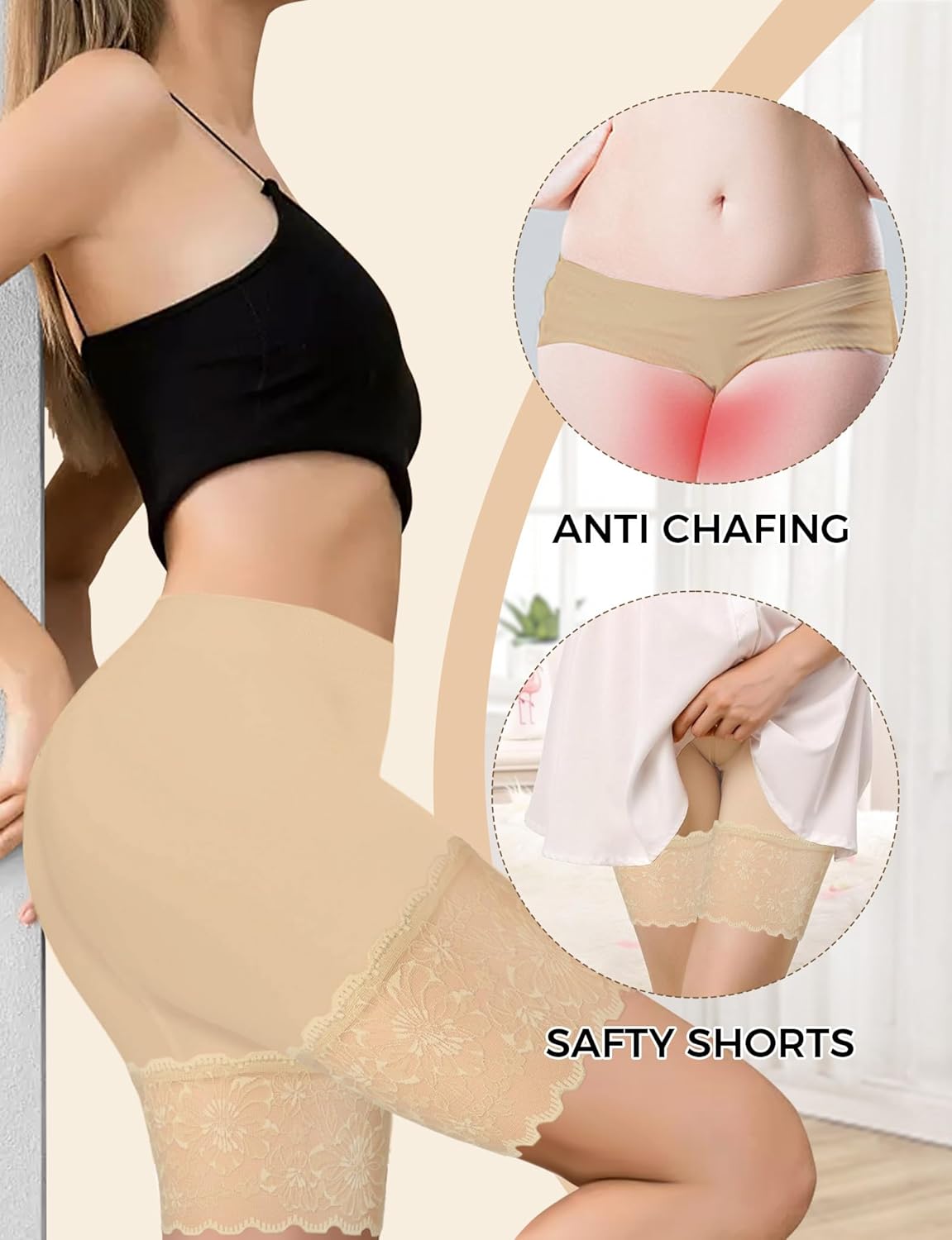 1-3 Pack Lace Slip Shorts for Under Dresses Women, Seamless Anti Chafing Shorts Lace Bloomers Shorts Panties Leggings (3 PACK Nude, 3XL) - Image 3