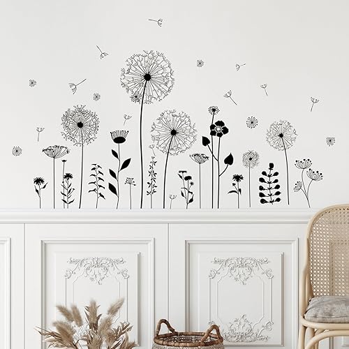 Miniatura 5 de Supzone Calcomanías de pared de diente de león negro, atractivas flores voladoras y mariposas, calcomanías de pared autoadhesivas creativas para