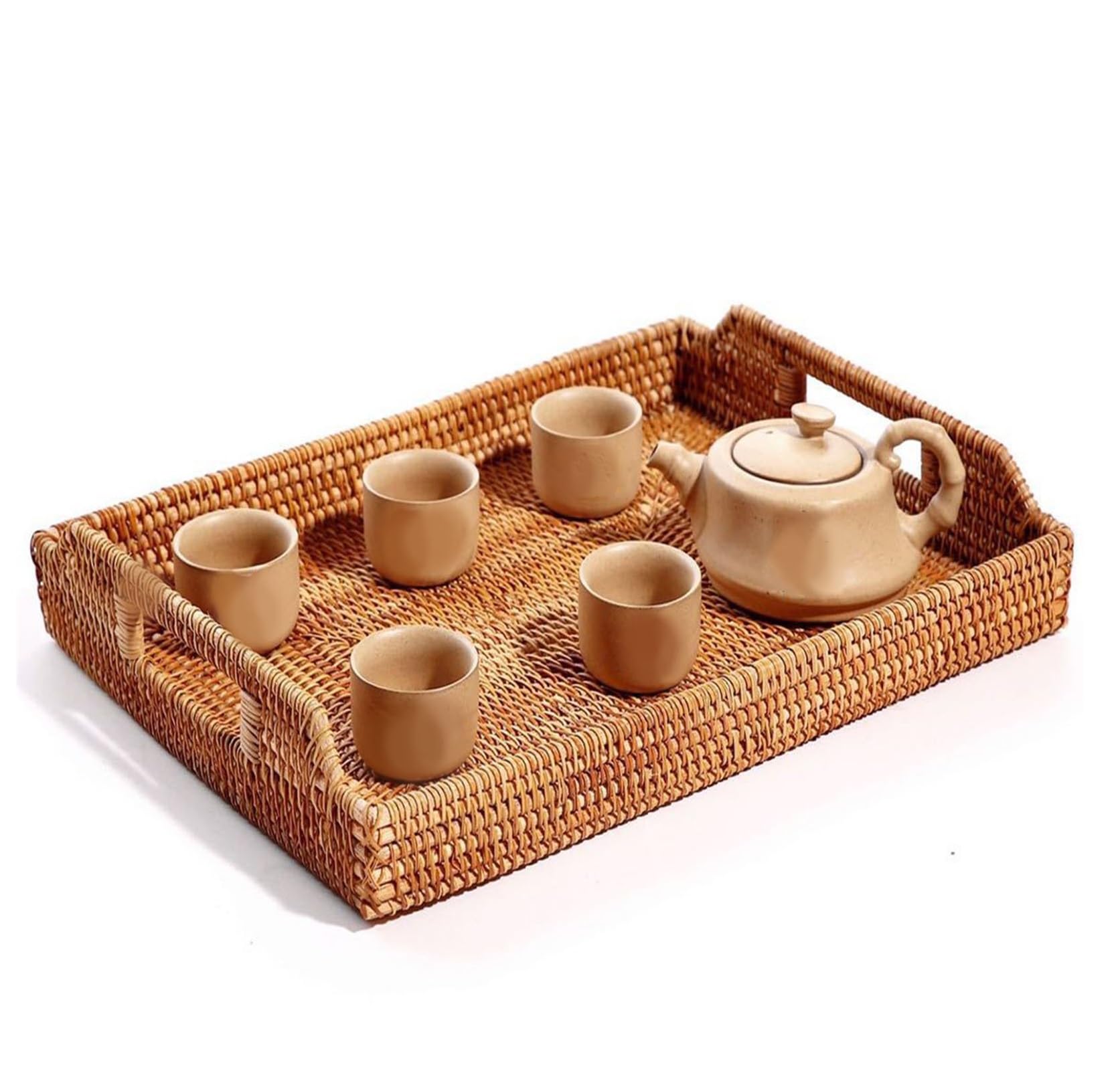 Nikou Vassoio rettangolare in rattan, 34 × 25 × 4 cm, con manici, vassoio decorativo in vimini, per colazione, bevande, snack, cibo o tavolino da caffè