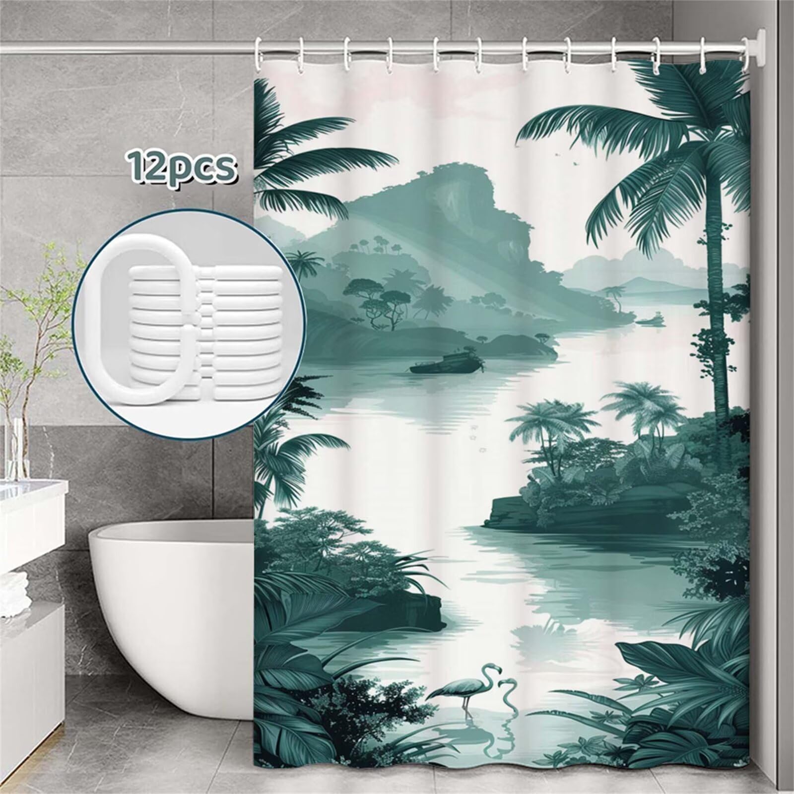 Tenda da Doccia Verde scuro paesaggio,Tenda Doccia 230x180cm,Shower Curtain Lavabile in Lavatrice con Orlo Ponderato 12 Ganci,Impermeabile Tende Vasca da Bagno Lavabile Poliestere per Salle Bain Z-423