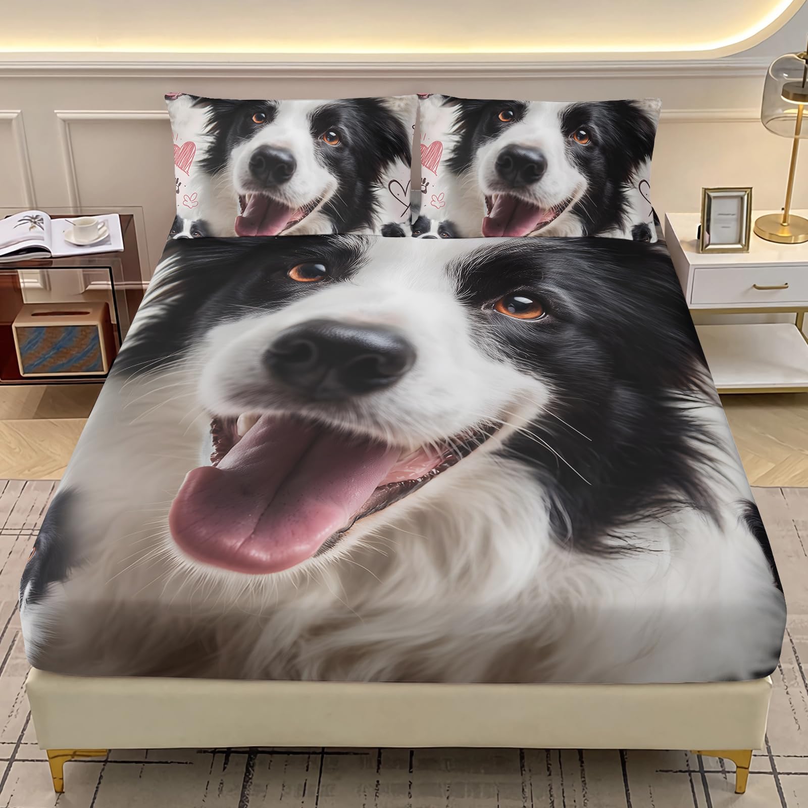 AILONEN Kawaii Dog Print Fitted Sheet Set Queen Size,Border Collie Bedding Set 3Pcs for Kids Teens Pet Lovers,Black and White Puppy Animal Bedsheet with 2 Pillowcases