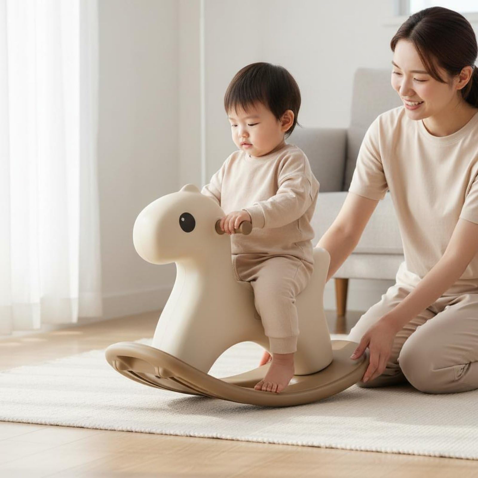 Schaukelpferd kippsicher Kleinkind Schaukelpferd rutschfeste Griffe stabiles Wipppferd für Kinderzimmer, Beige Camel, Mit Streifen