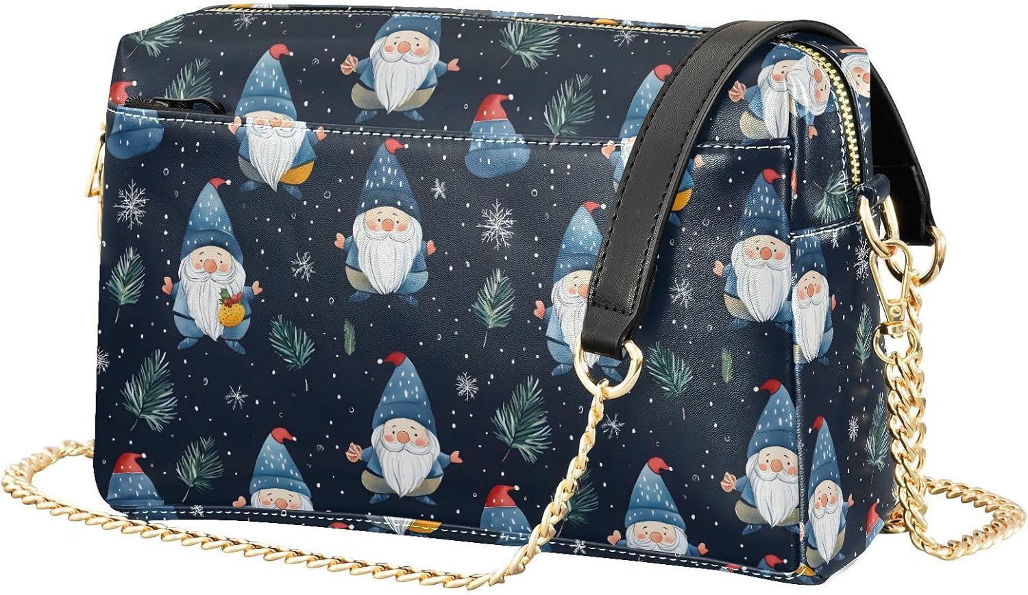 Women Crossbody Bag Shoulder Handbag Cellphone Purse PU Leather Metal Chain Strap Water Resistant Zipper Closure Christmas Gnome Print