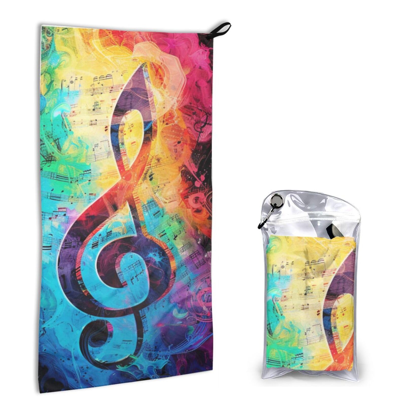 BWWHCCTI Quick Dry Hand Towel With Bag - Colorful Music Notes Printed Super Absorbent Face Cloth Microfiber Travel Sports Towels 40x80cm