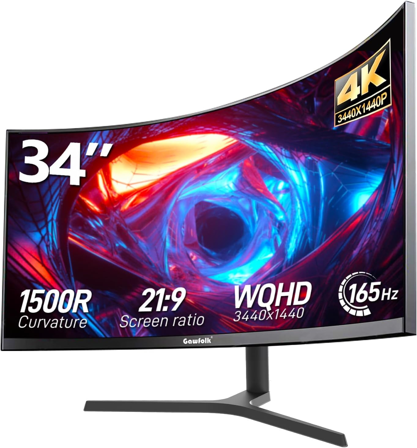 34 Inch Curved Gaming Monitor, 4K Ultrawide 1500R PC Screen, 165Hz / 144Hz Computer Monitor Height Adjustable with FreeSync, Support HDMI, DP, Wallmount 75x75mm
