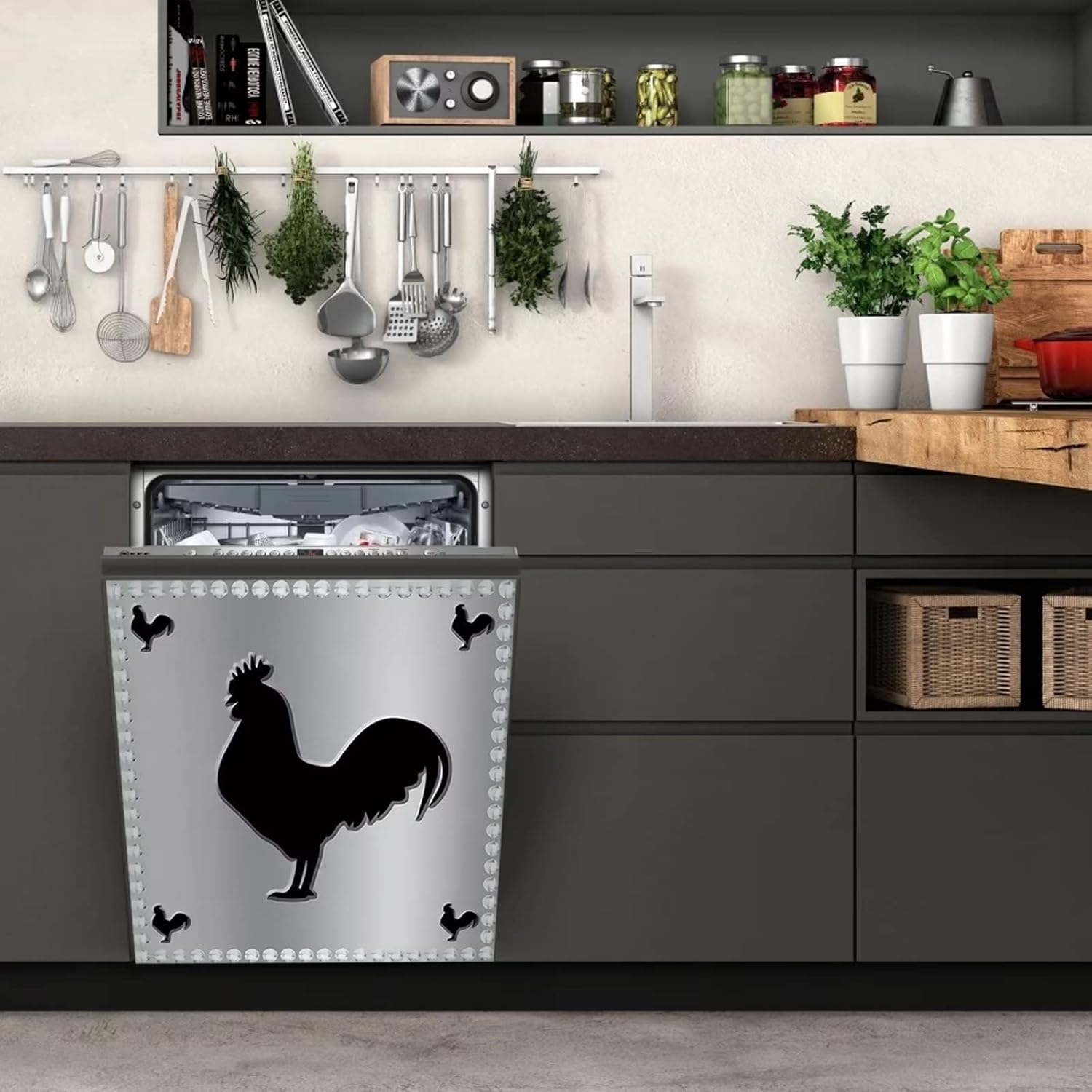 Brushed Silver Stainless Steel Dishwasher Magnet Cover,Rooster Magnetic Dishwasher Decorative,Stainless Steel Pattern Fridge Magnets Vinyl Decal,Chicken Appliance Panel Covers 23"x26"