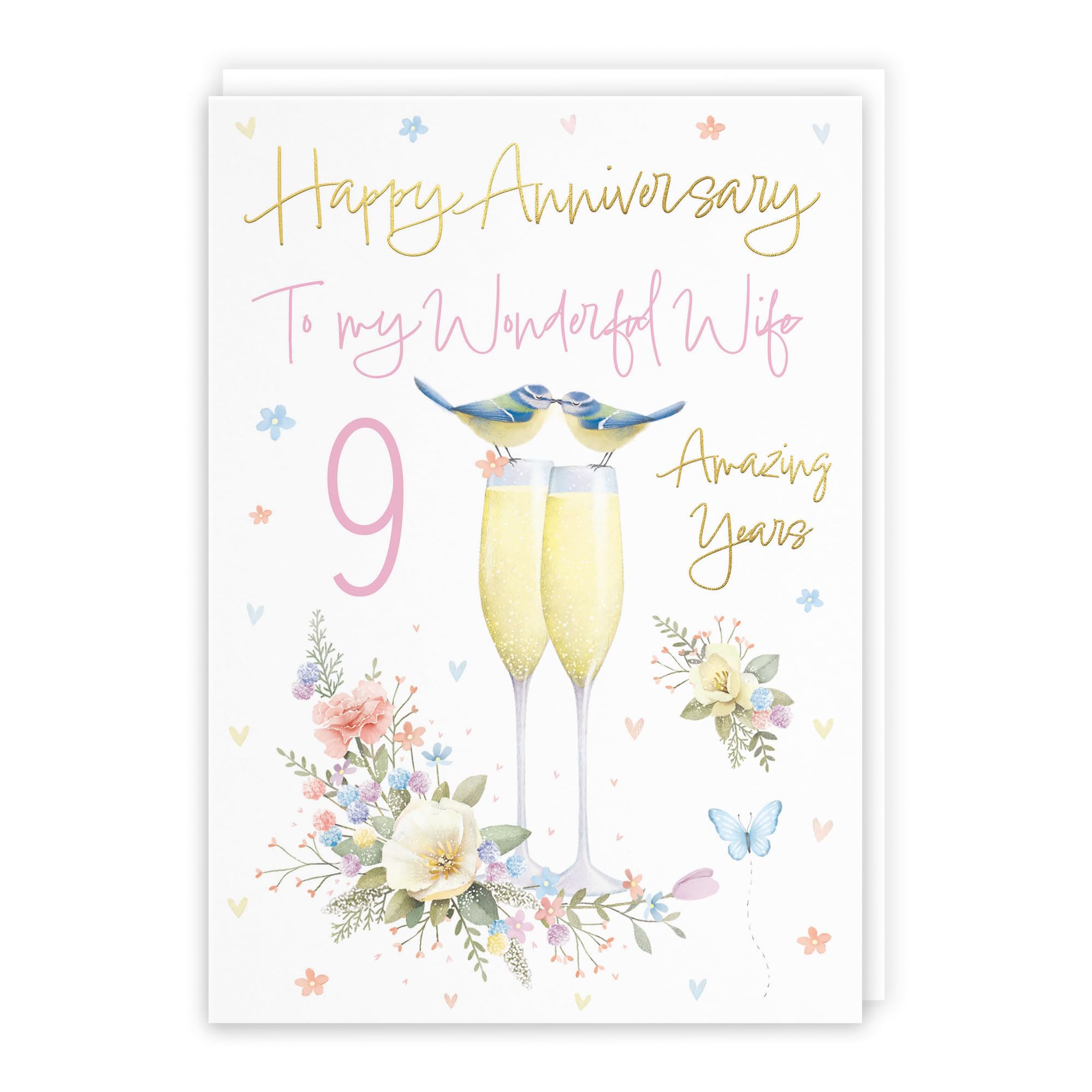 Hunts England - Wife 9th Anniversary Card - A5 Size - Champagne Flutes - Gold Foil - Luxury 9th Anniversary Card For Wife - Nine Years - 9th Anniversary - Milo's Gallery โ image 1