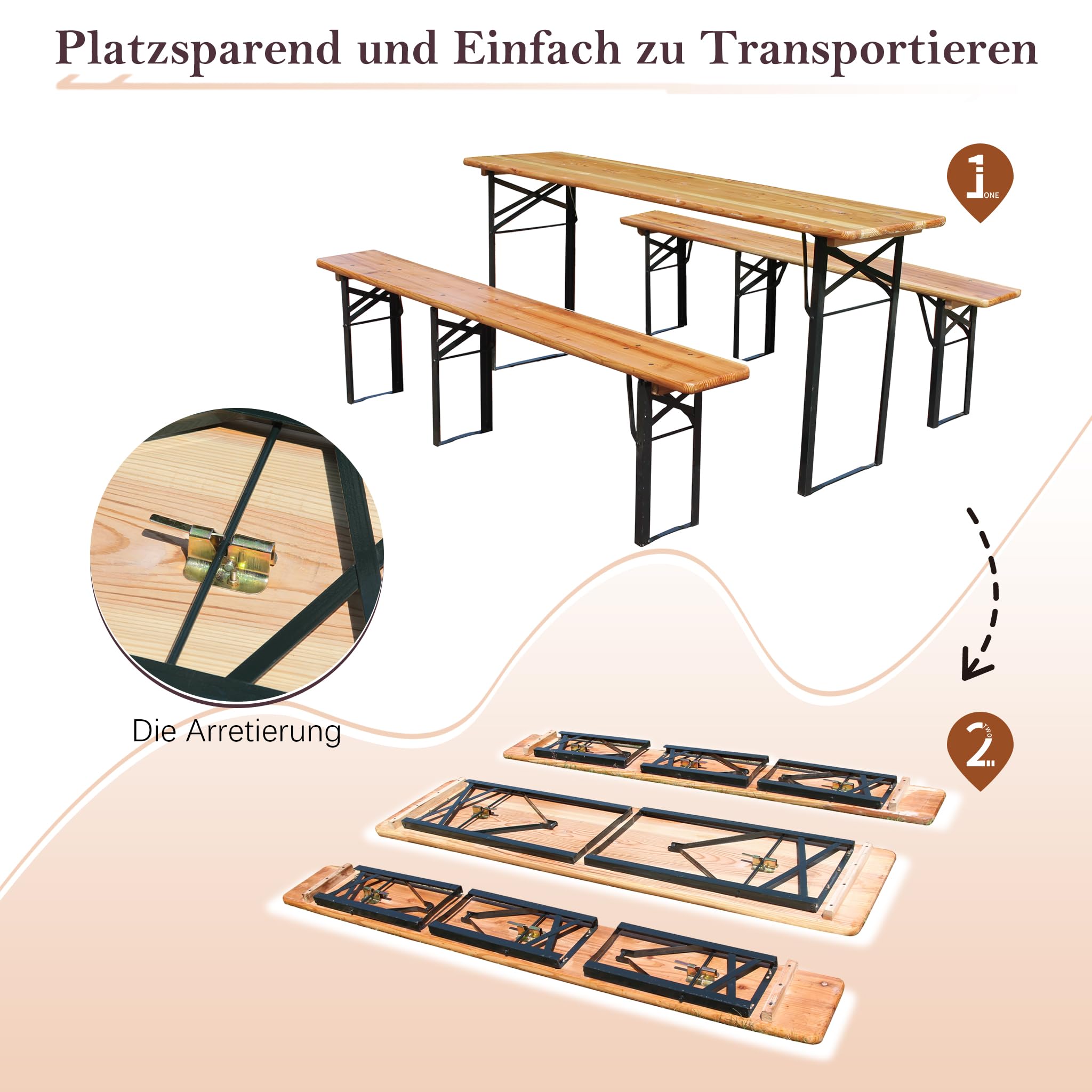 3-Teilig Faltbare Bierzeltgarnitur Klappbar - 1 Klapptisch + 2 Bierbänke Wetterfeste Kiefer Massiv Platzsparend 200 kg Belastbar, für Festzelt Garten Biergarten Party,Natürlich (175 cm)