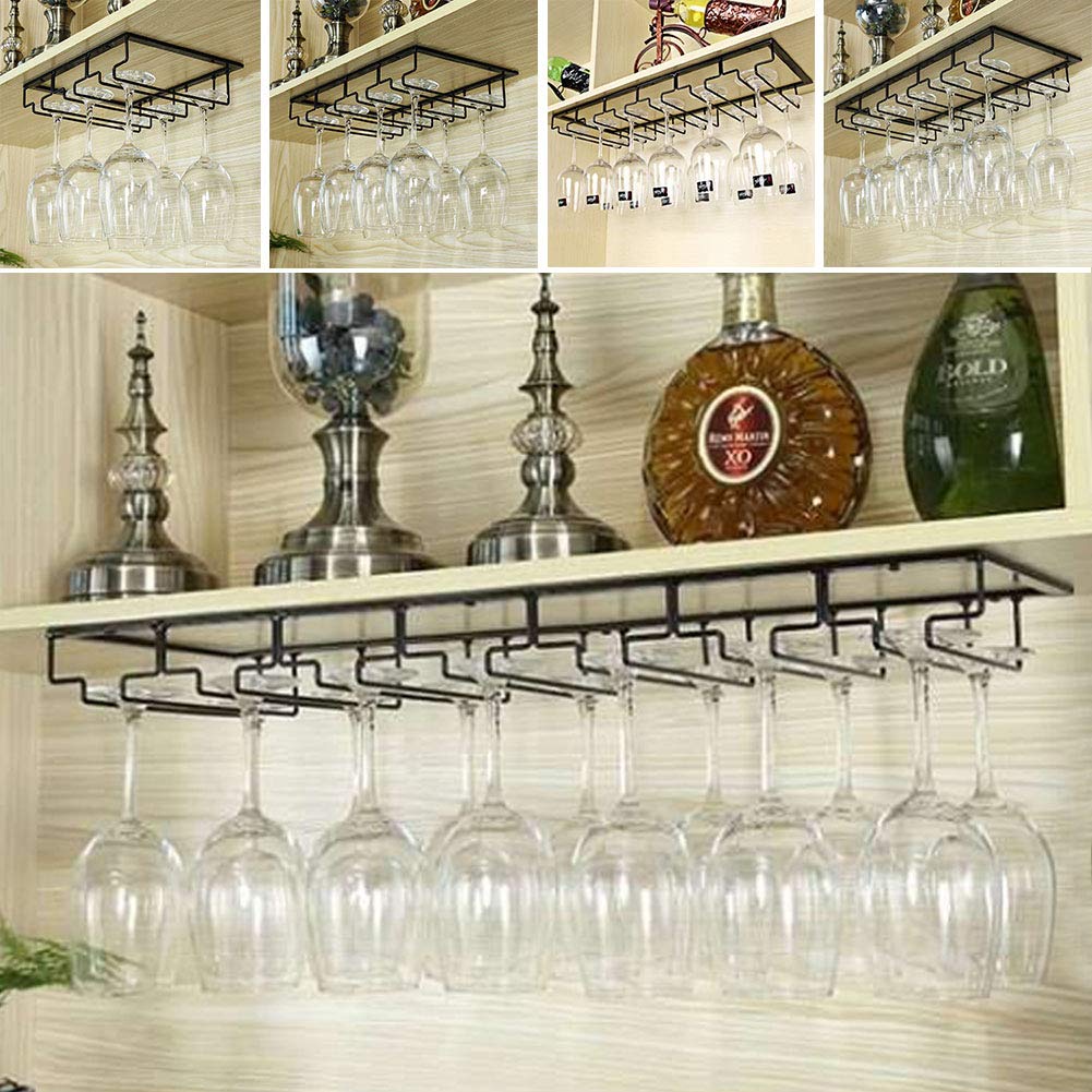 Warmiehomy Porte-verres à vin à suspendre sous armoire pour bars, cuisine, verres à champagne en métal noir (60 x 22,5/6 emplacements)