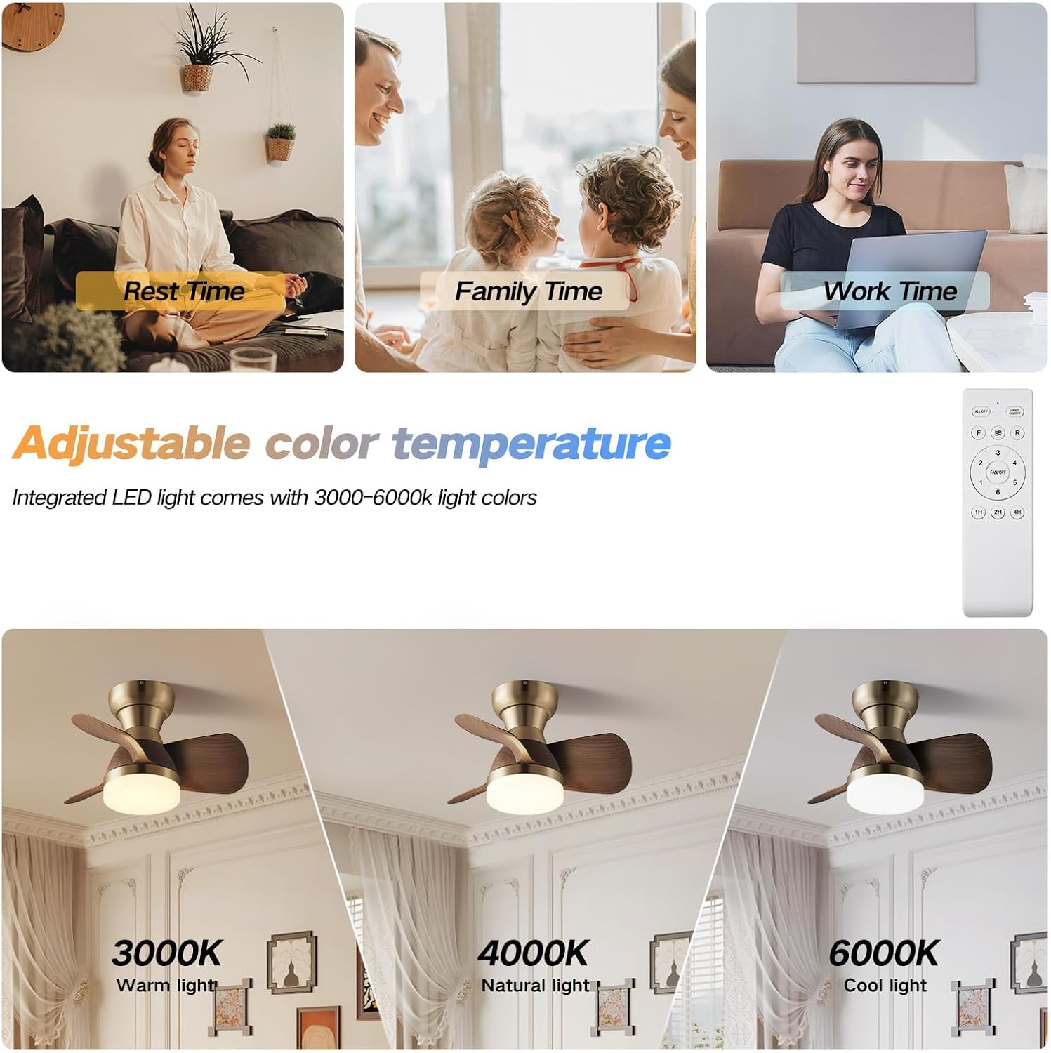20 Inch Ceiling Fan with Light，3 Solid Wood Blades，Brass with Light with Remote Control Small Ceiling Fan， Suitable for Living Room, Dining Room，Bedroom