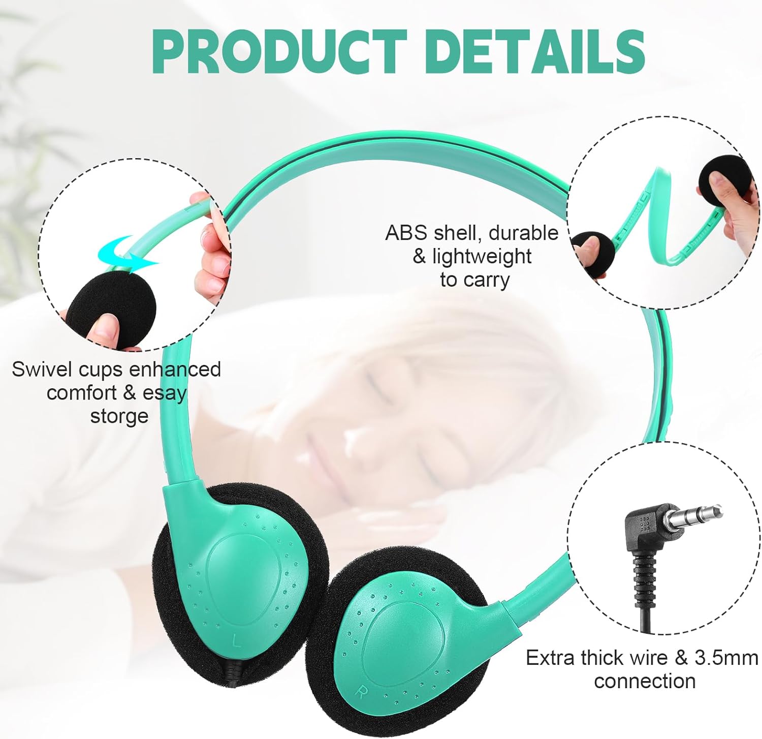 Konohan 30 Pack Headphones Bulk Headphone for School Classroom Student Wired Headphones Adjustable with 3.5 mm Jack for Adults (Emerald Green)