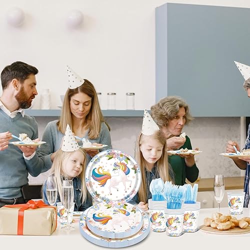Miniatura 5 de Juego de 116 suministros para fiesta de unicornio, platos y servilletas de unicornio, decoraciones de cumpleaños de unicornio, incluyendo platos