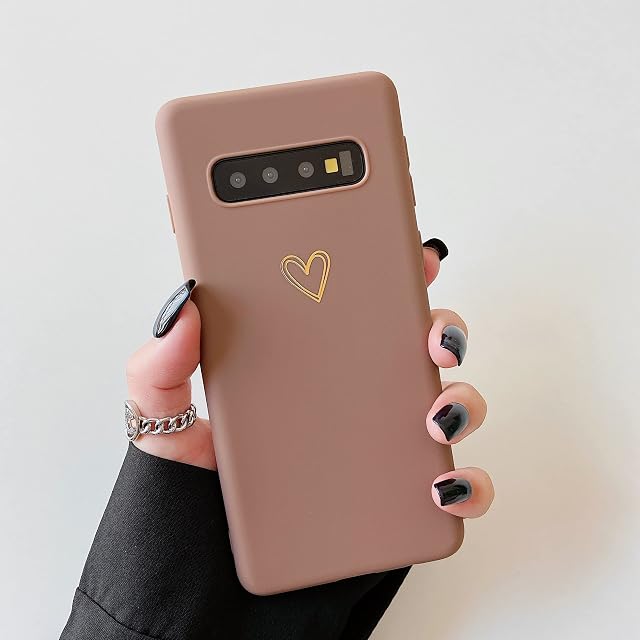 DEFBSC Case for Samsung Galaxy S10, Fashion Cute Love-Heart Shape Silicone Case Shockproof Soft TPU Back Cover Protective Case with Heart Pattern for Samsung Galaxy S10 - Brown