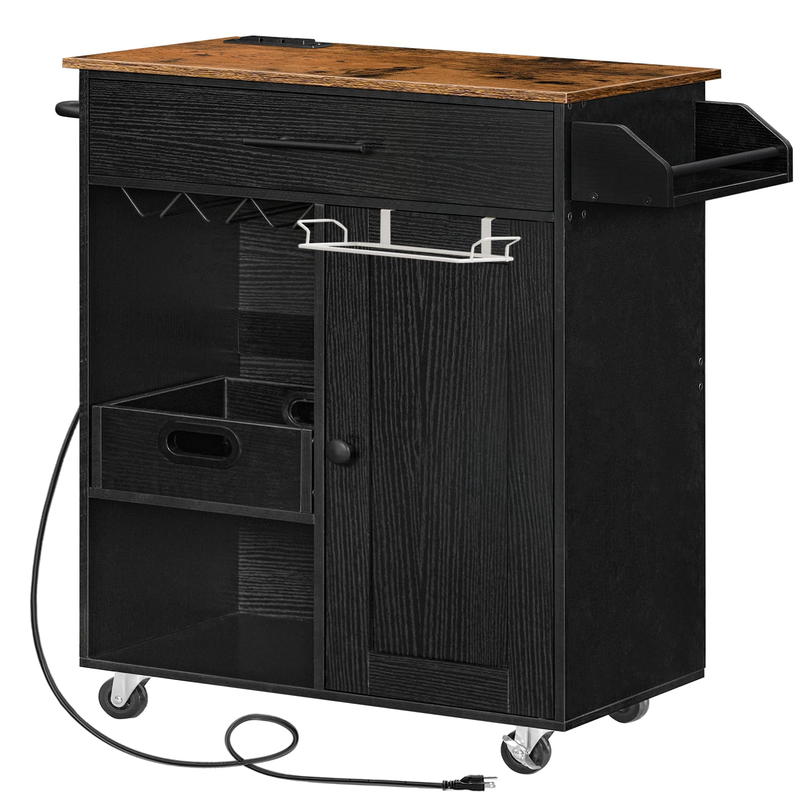 HOOBROKitchen Island with Power Outlet, Kitchen Storage Island with Open Shelves & Tray, Rolling Mobile Kitchen Island Table on Wheels with Towel Rack, Rustic Brown and Black BF90UZD01