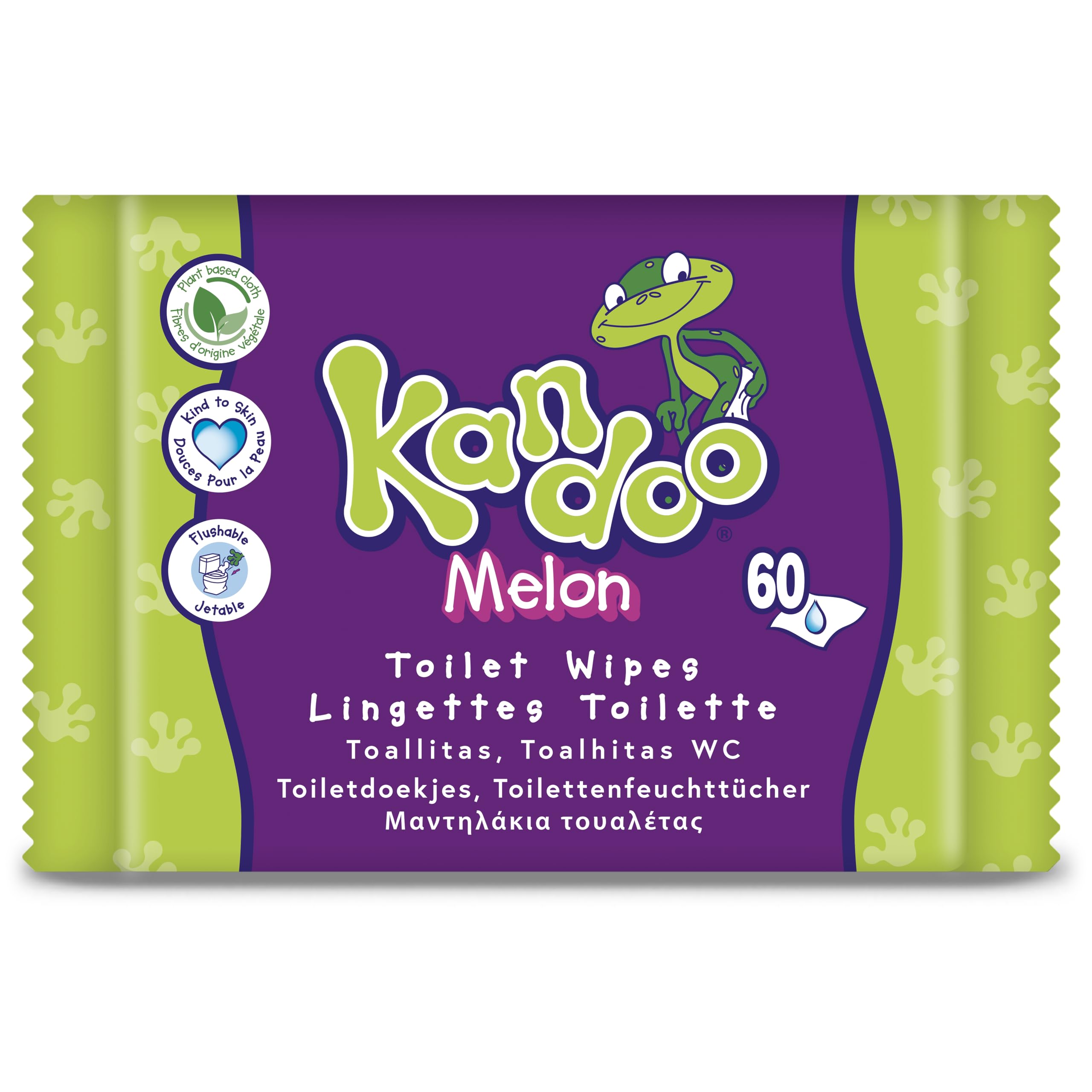 Kandoo Melon Wet Wipes - Flushable - Made from 95% Water - Fragrance-Free - Plastic-Free - Dermatologically Tested - Moist Toilet Paper Made from 100% Vegetable Cellulose Material - 60 Wipes