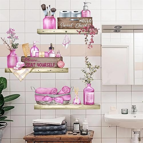 Miniatura 3 de sacinora - Calcomanías de pared para estantes de toallas rosadas, organizador de cepillos cosméticos para bricolaje, calcomanías de pared extraíbles