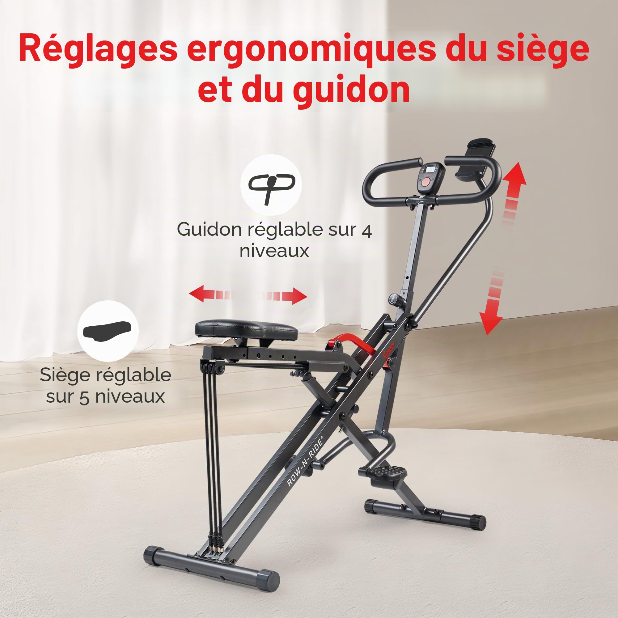 Sunny Health & Fitness Row-N-Ride Connecté Corps Entier avec Tablette | 4 Résistances, Entraînement Fessiers et Jambes, App SunnyFit, 150 kg Charge, 3 Profondeurs de Squat