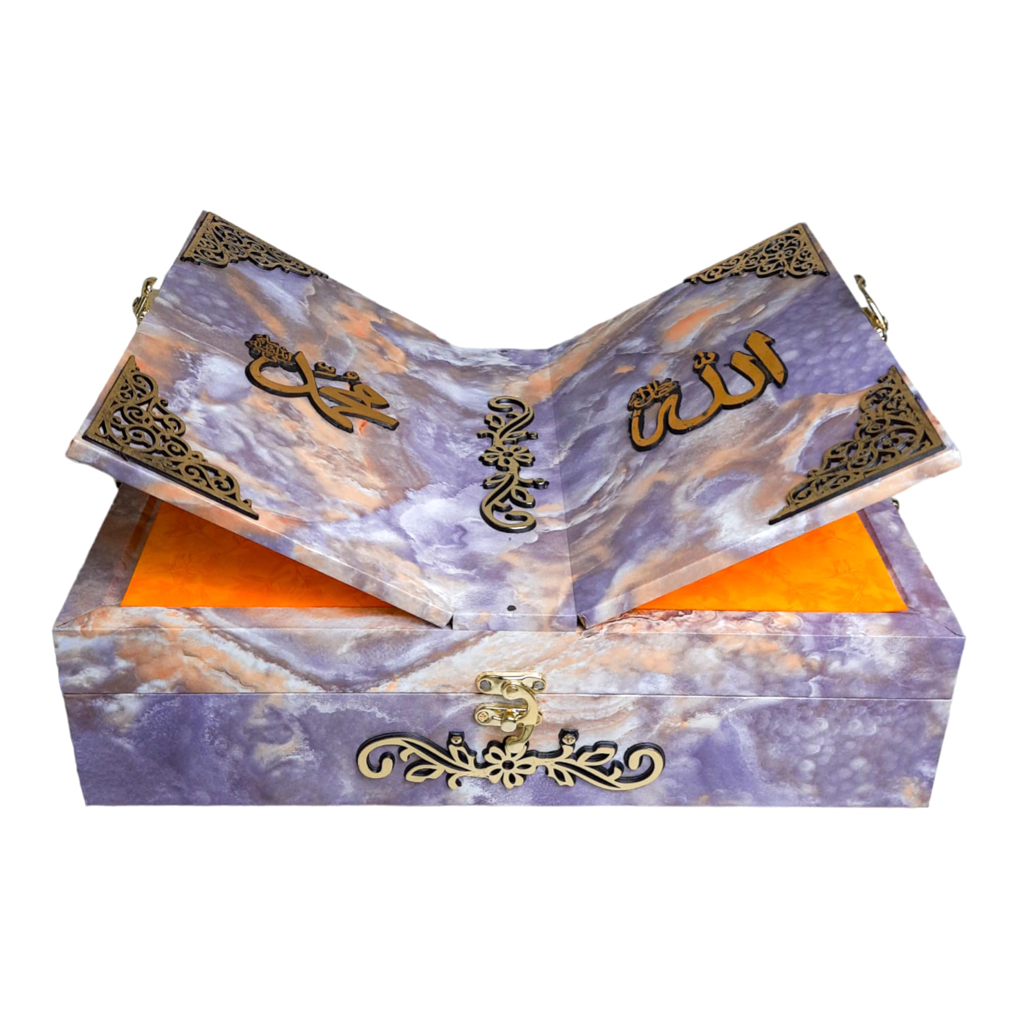 Purple Quran Box Attached With Rehal Stand (Empty box) Wooden, Purple Marble Texture Multicolor Book Rest Box (13x9x4 inches).-image-4