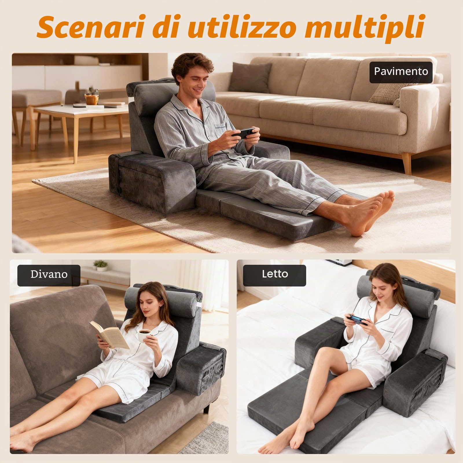 Grande cuscino da lettura con cuscino cervicale rimovibile e bracciolo, ossa di lettura per adulti con rivestimento lavabile a fibra lunga, cuscino ergonomico per schienale per la lettura