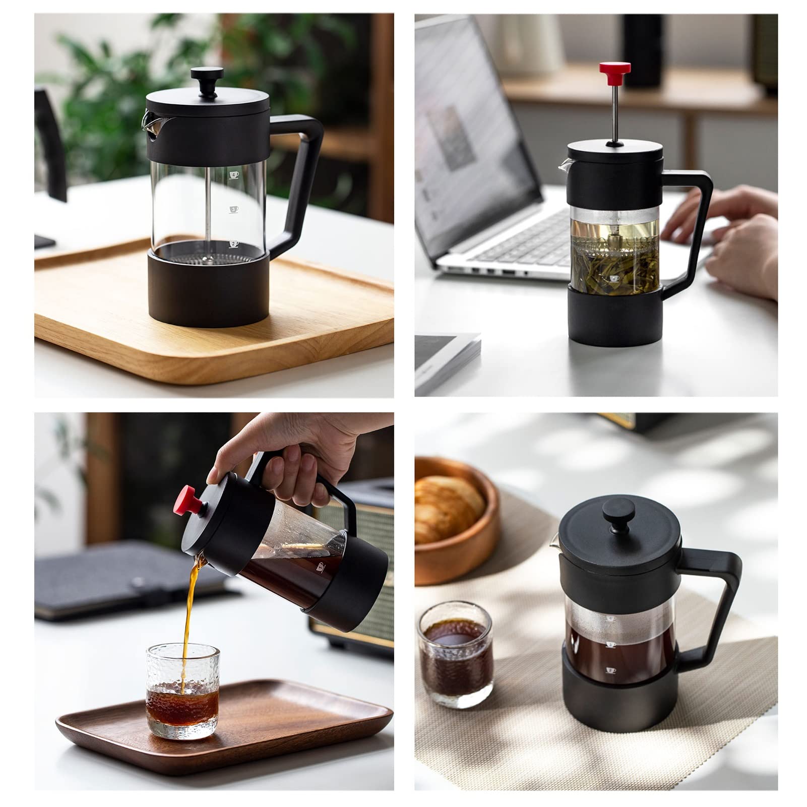 Caffettiere A Pistone,Caffettiera Francese in Vetro Borosilicato Resistente al Calore Rimovibile in Acciaio Inossidabile 304 con 3 Filtri,French Press Caffe Resistente E Facile da Pulire