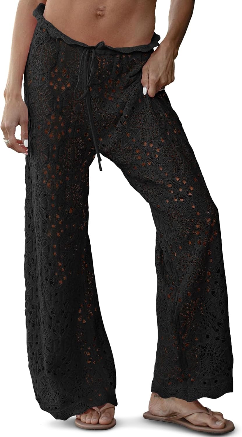 Saodimallsu Womens Crochet Swimsuit Coverup Pants High Waisted Drawstring Sexy Sheer Mesh Knit Wide Leg Beach Pants