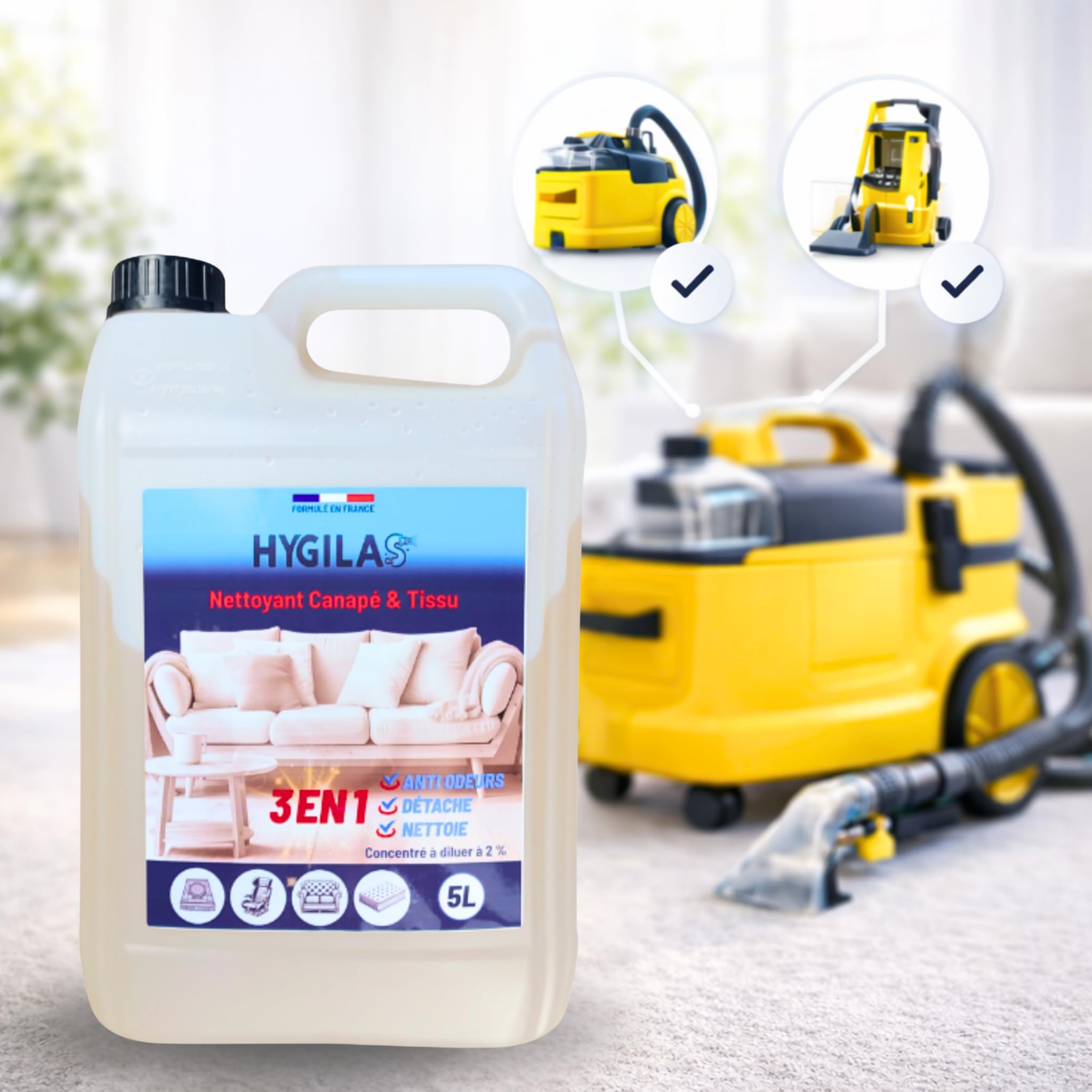 HYGILAS Limpiador Tapicerías Sofá 5L Profesional | Ultra Concentrado (500L) | Elimina Manchas y Olores | Compatible Inyector Extractor, Alfombras y Asientos Coche