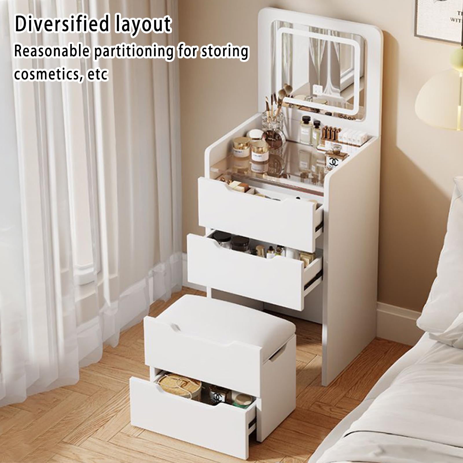 Ele White Makeup Vani with Mirror & Lights Cact Jewelry Sto for Smals 48 x 40 x 120 cm Perfect for Bedrooms & Dressing Rooms.