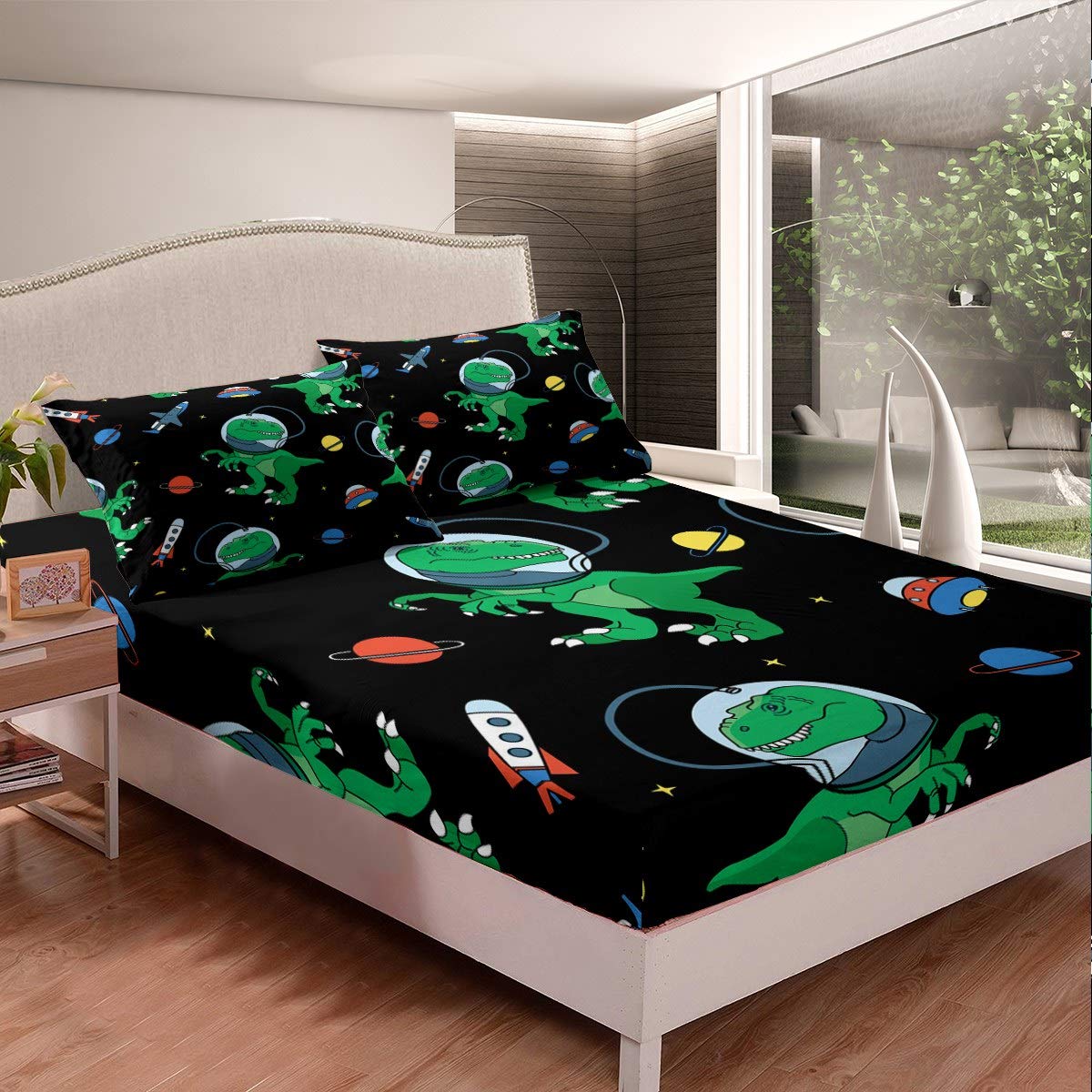 Feelyou Boys Cartoon Dinosaur Fitted Sheet Green Cute Dino Bed Sheet Set Funny Dinosaur Astronaut Bedding Set for Kids Adults Space Rocket Print Bed Cover Outer Space Theme Room Decor Queen Size