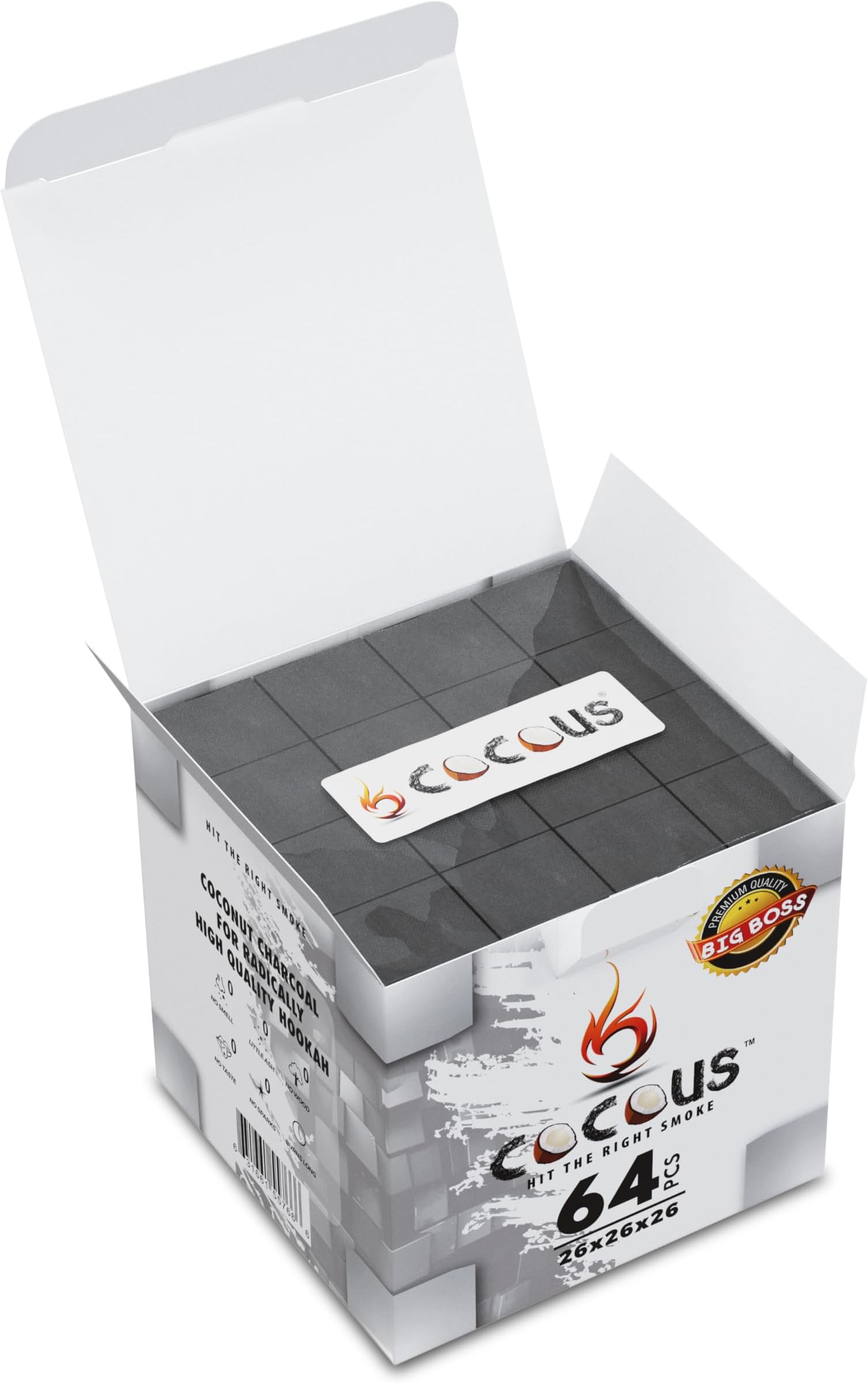 Cocous Big Boss Natural Big Cube Coconut Charcoal Incense Hookah Shisha Narguile Coal Coconut Shell Briquette Coals 1KG - 64 Pieces 26MM Cubes