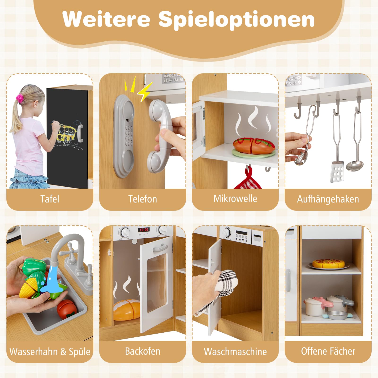 COSTWAY 3 in 1 Kinderküche, Spielküche mit Licht & Sound, Holzküche mit Spüle, Waschmaschine, Wasserspender, Tafel, Ofen & Kochgeschirr, Spielzeugküche für Kleinkinder ab 3 Jahren