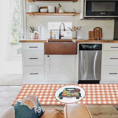 Miniatura 3 de Alfombras de cocina para piso, 2 piezas, otoño, Acción de Gracias, calabaza, pavo, camión, naranja, a cuadros, antideslizante, alfombra de pasillo