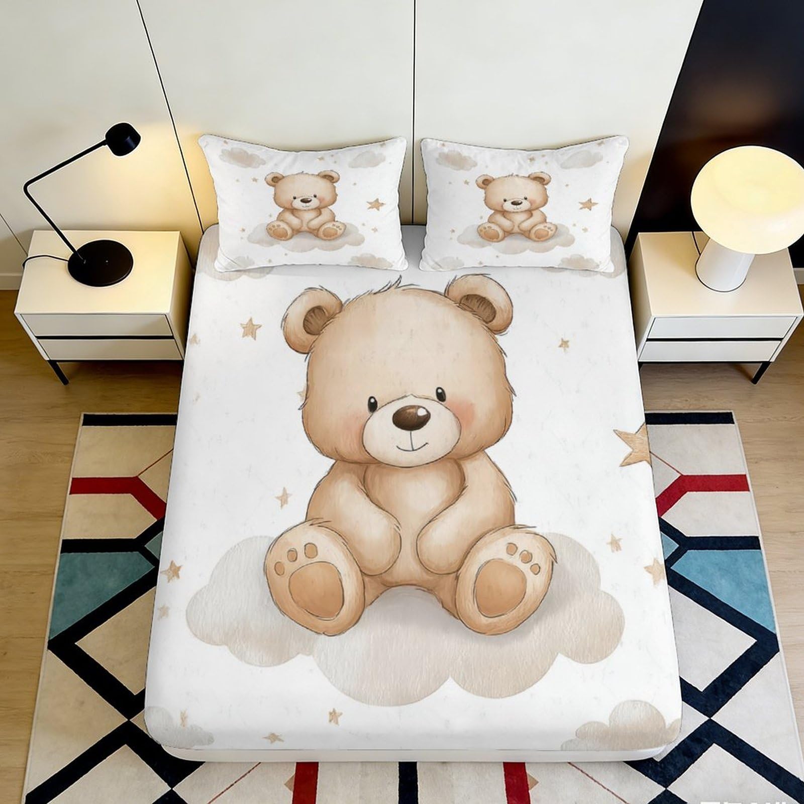 3D Printed Cute Teddy Bear Fitted Sheet Microfiber Soft Durable 3D Printed Bear Cloud Bed Cover for Bedroom Dormitory Guest Room Mattress Protection 180x200x25cm
