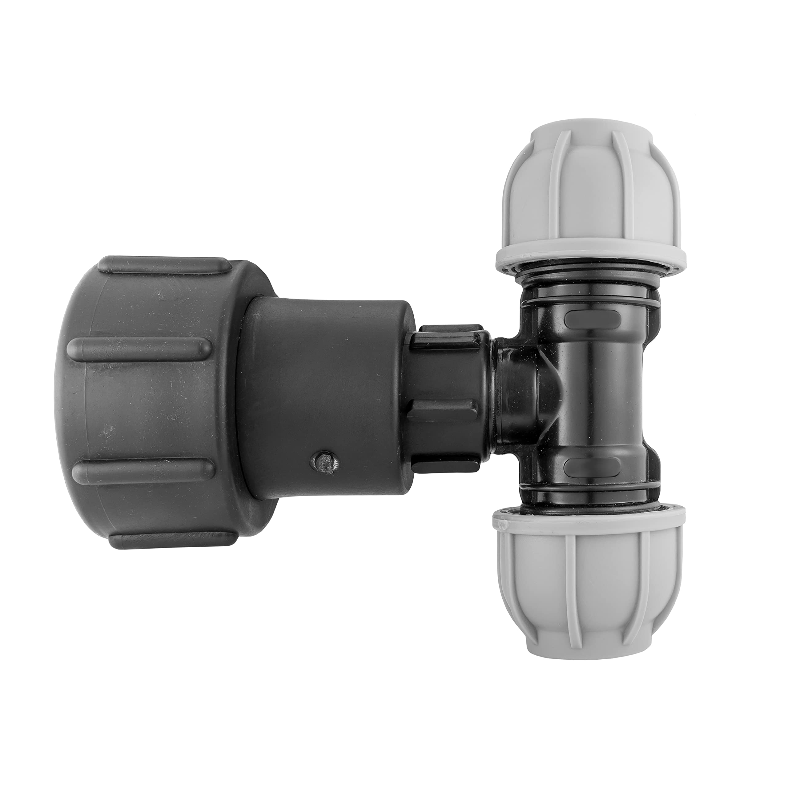 IBC Tank Outlet with Swivel Tight Extender Cap and mdpe tee,Elbow or Straight Fitting for 20mm,25mm or 32mm Water Supply mdpe Pipe (32mm tee)