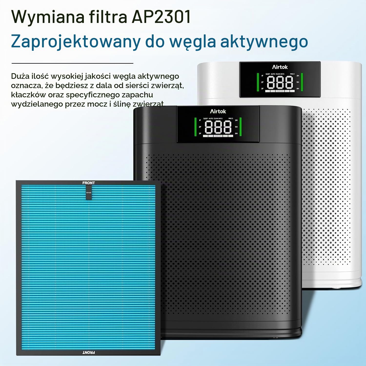 Airtok Filtr wymienny oczyszczacza powietrza HEPA, wysokowydajny węgiel aktywny, odpowiedni do oczyszczacza powietrza AP2301, usuwa pyłki, kurz, łupież zwierzęcy i inne alergeny