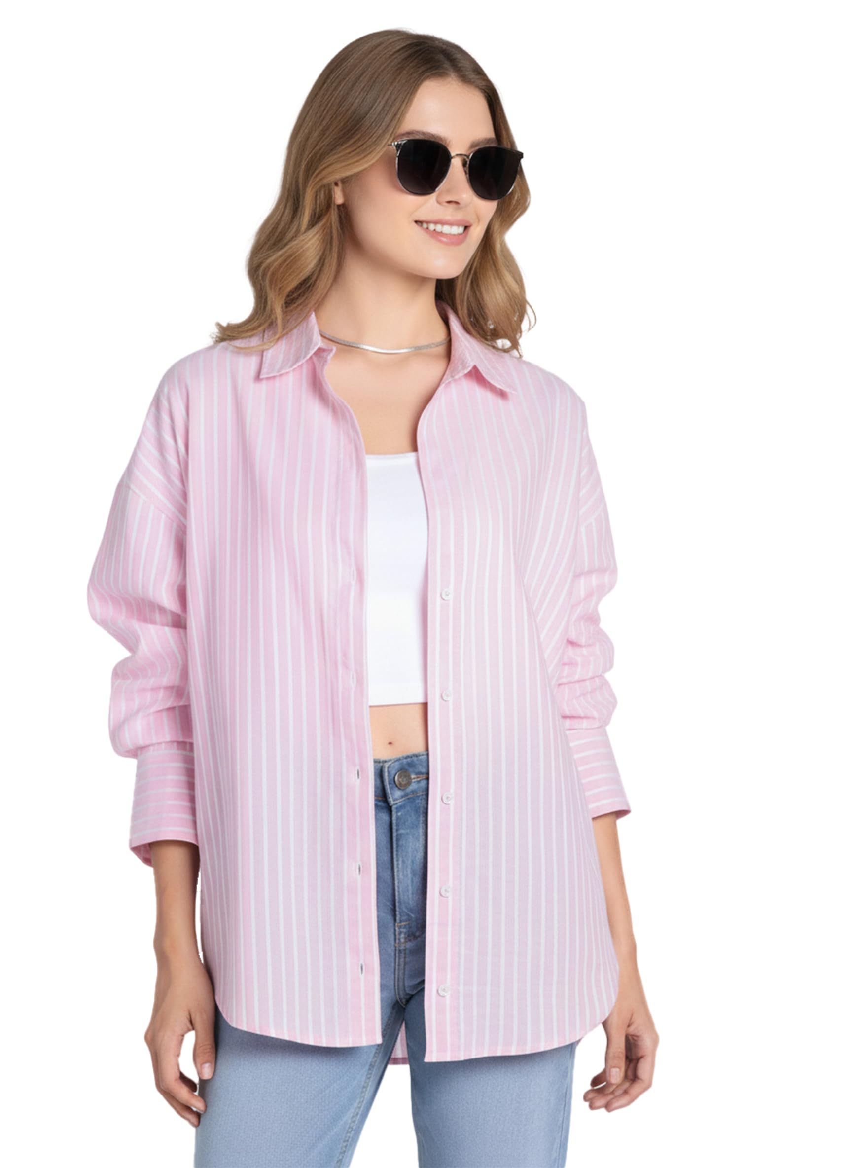 wovenbycountex Women's Oversized Oxford Striped Shirt, Full Sleeves, Cotton Blend-picture-57