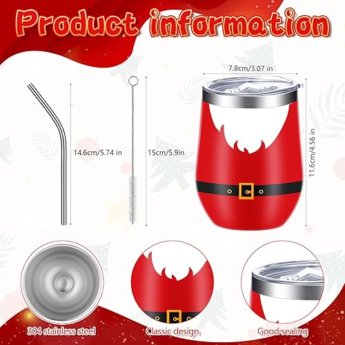 Miniatura 9 de 6 vasos de vino de acero inoxidable de Navidad de 12 onzas, vaso de vino aislado divertido con tapa, popote y cepillo, tazas de vino aisladas para
