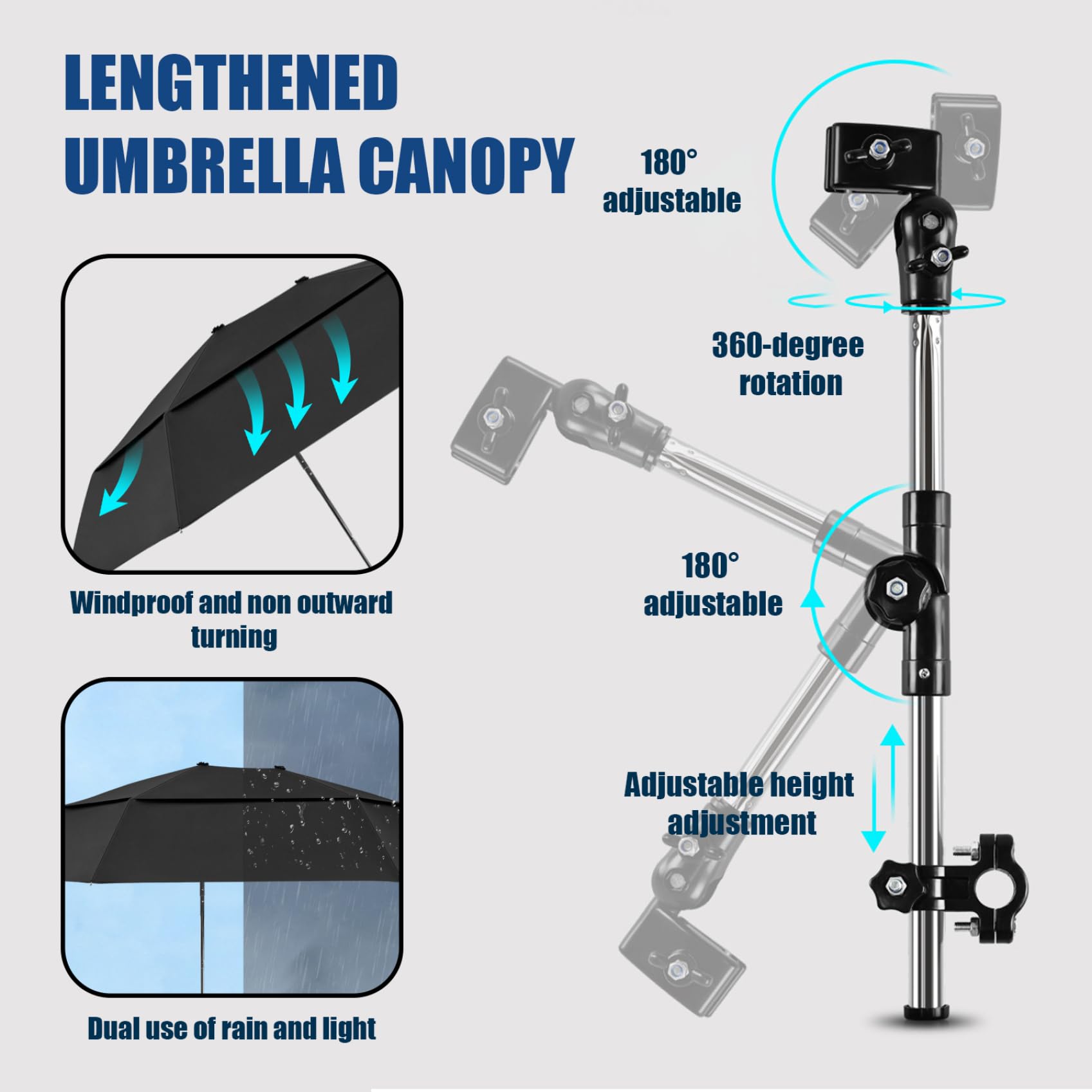 Sombrillas Fundas para el sol, sombrilla para silla con abrazadera ajustable, protección contra la lluvia y los rayos UV, sombrilla para silla de ruedas, extendida de doble cara 40.9 para s