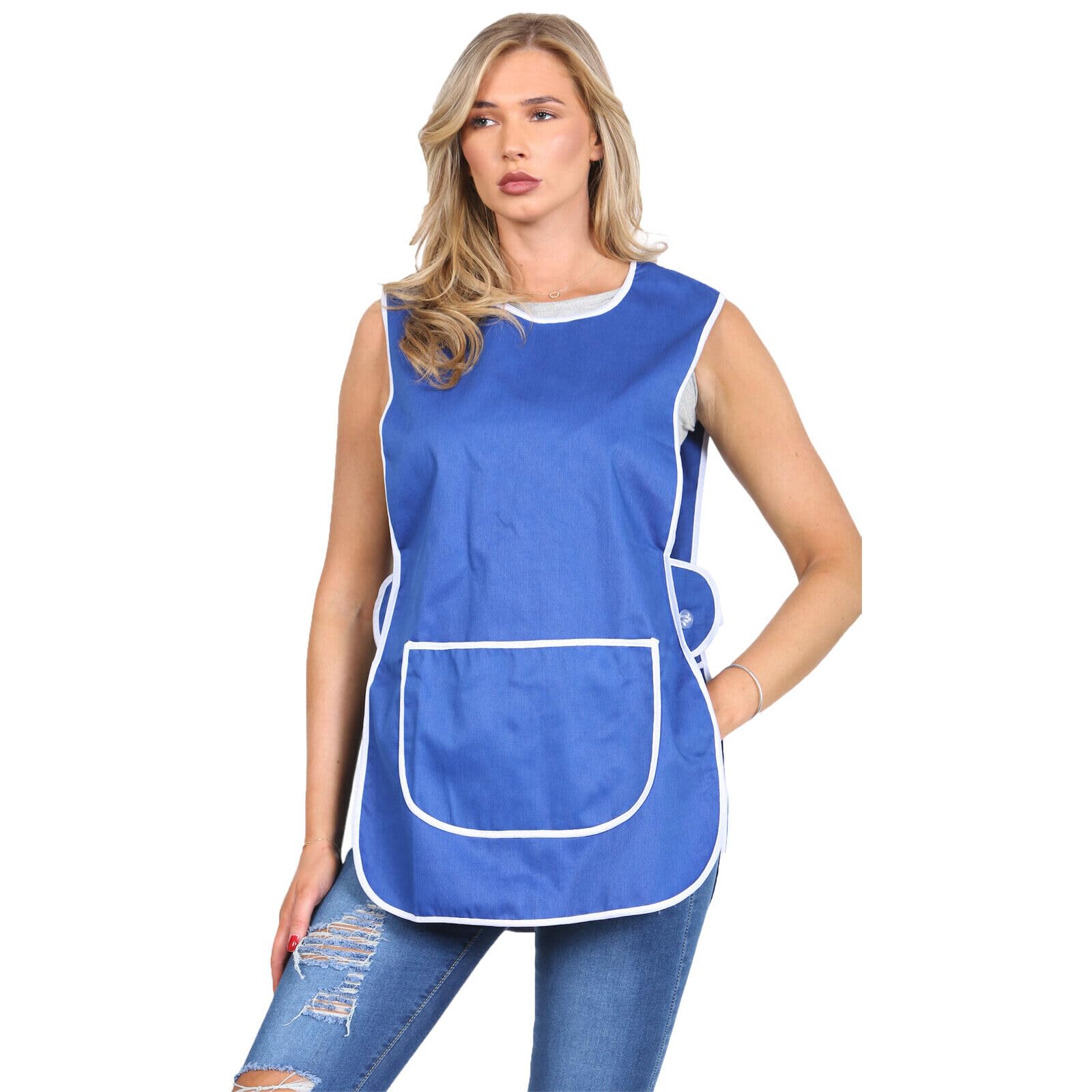 Myshoestore Women's Royal Blue Polycotton Tabard Apron With Large Centre Pocket, Work Uniform For Kitchen Catering Cleaning, White Piping Edge (, Xxxos)