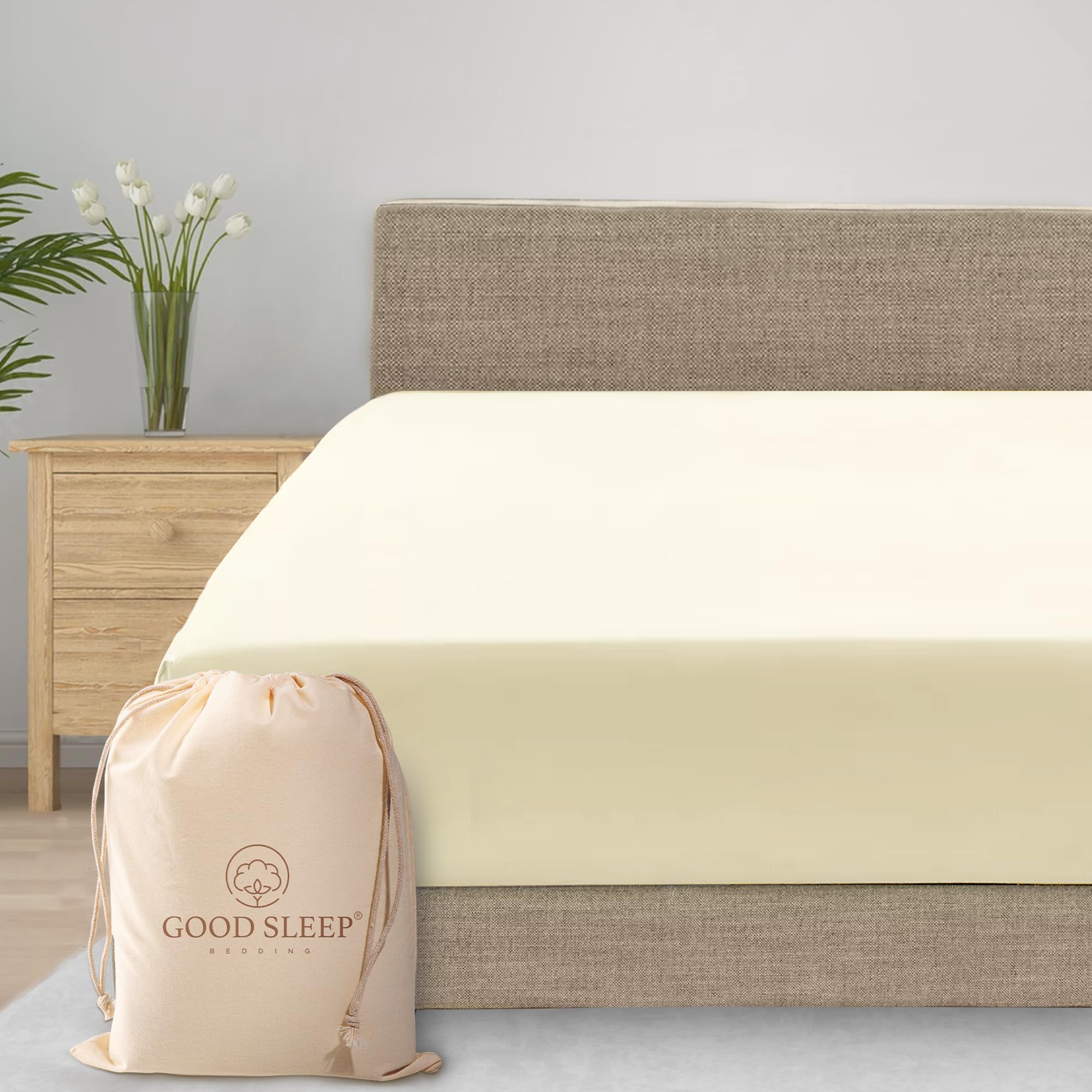 Good Sleep Bedding 2 Pack Fitted Sheets, 100% Egyptian Cotton Fitted Sheet Double Size, Luxury 41cm/16" Deep Pocket Sheets, Sateen Weave Double Fitted Sheet, Ultra Soft Pack of 2 Fitted Sheets, Ivory โ image 1