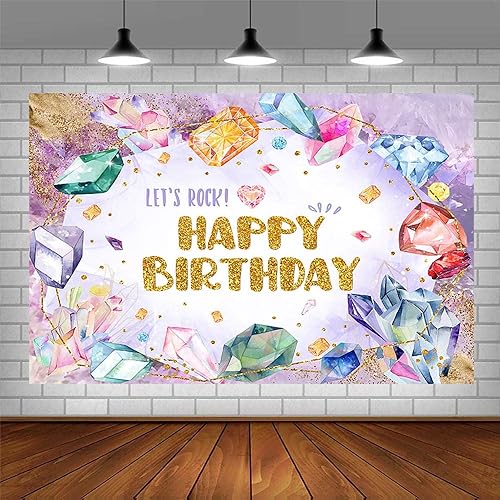 Miniatura 3 de Fondo de fotografía con texto en inglés She is a Gem is a Gem, She is a Gem, Happy 1st Birthday para niños, con piedras preciosas moradas, Our