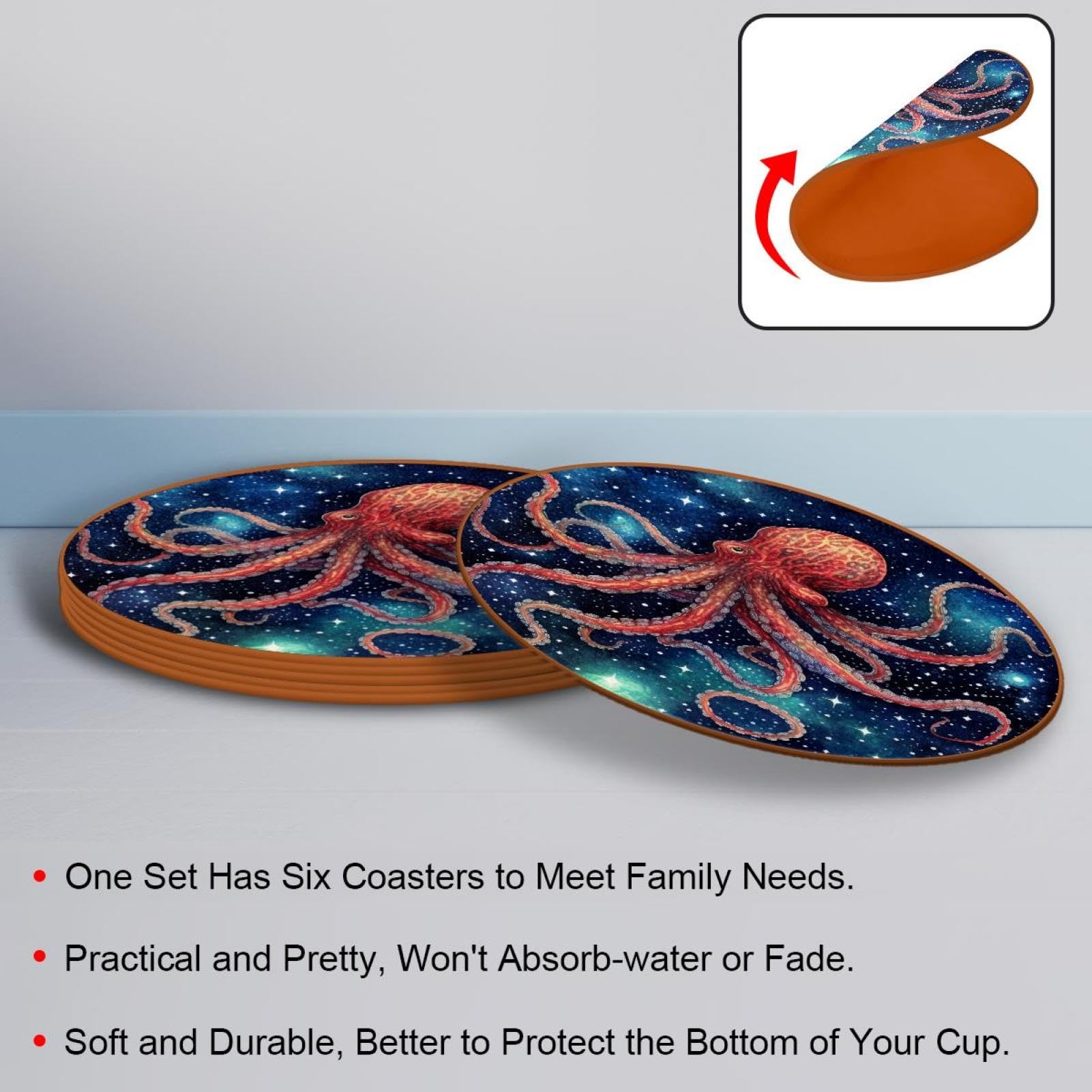 Cartoon-Galaxie-Oktopus-Untersetzer für Getränke, 6 Stück, Tisch-Schutzmatte für Weingläser, Tassen und Tassen, wiederverwendbar im Büro, Küche, Bar, 10,9 cm