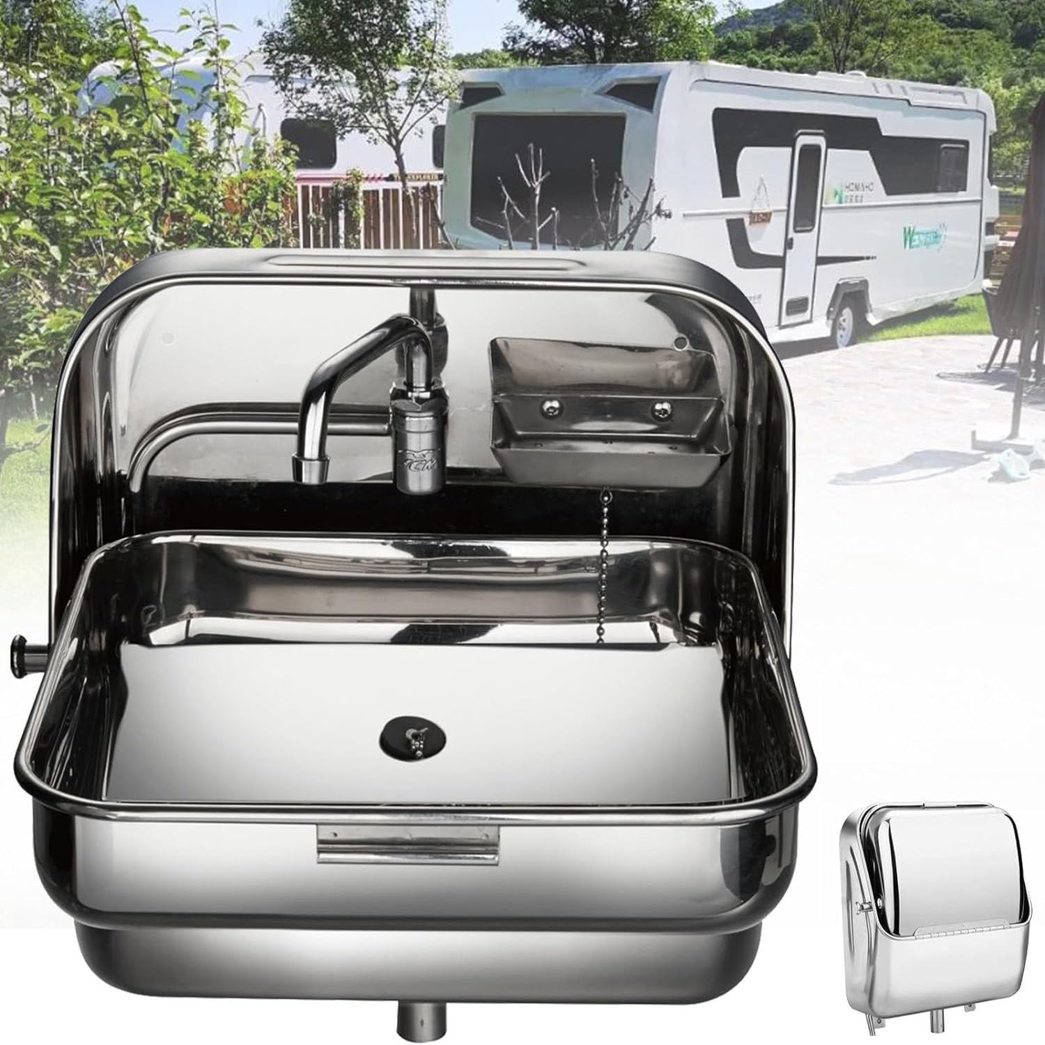 Fregadero plegable de pared con tapa, acero inoxidable 304, con drenaje de filtro para RV, barco, cámper, furgoneta, caravana