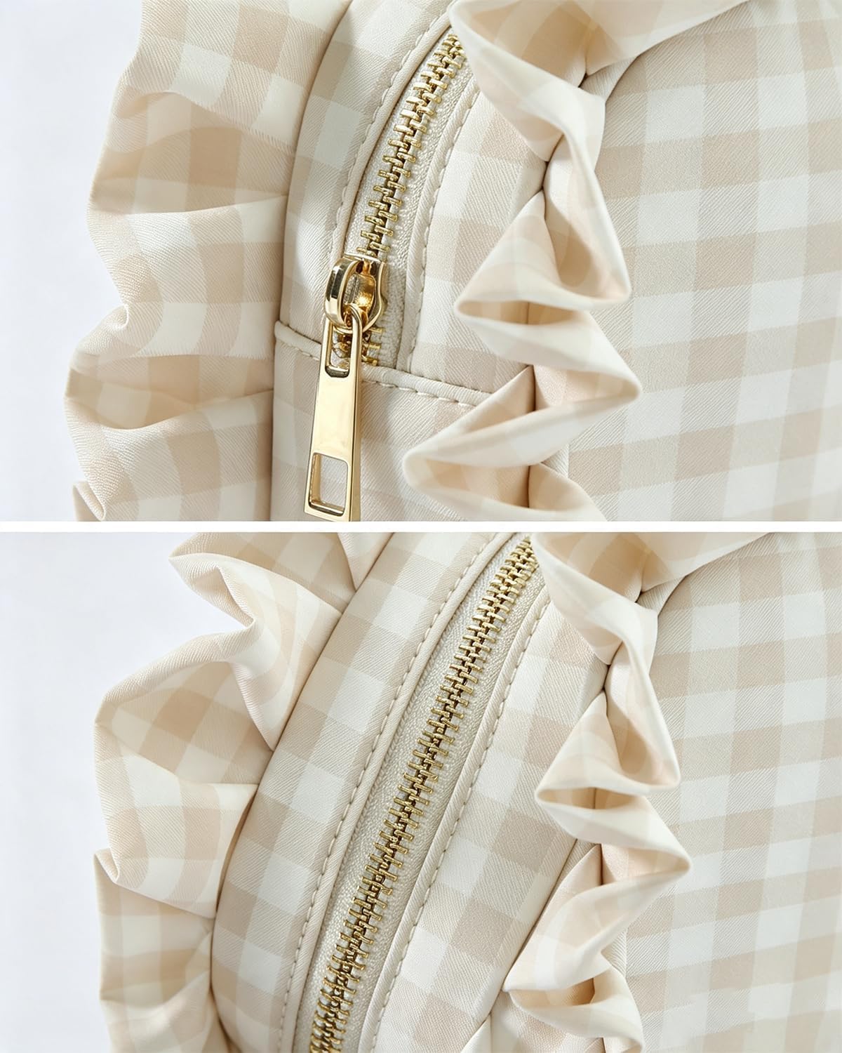 Ruffle Gingham Makeup Bag Large Preppy Toiletry Pouch for Women, Beige image 2