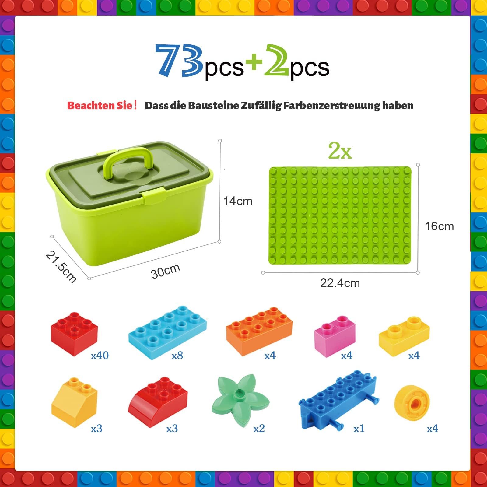 Großen bausteine Set, Kompatibel mit Duplo Steine | Lernspielzeug mit Steinebox+ 2 Grundplatten | Kreatives Bauset Geschenk für Jungen Mädchen ab 3 Jahren