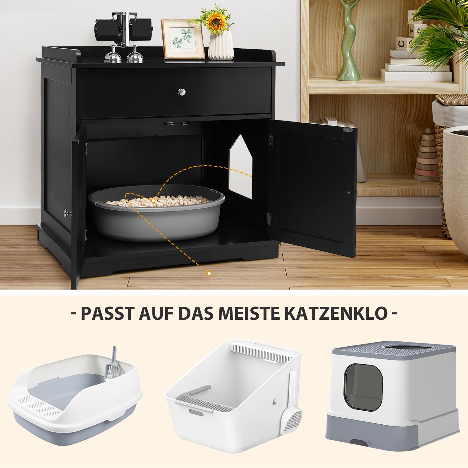 COSTWAY Katzenschrank mit Schublade & Tür & Eingang, 3-in-1 Katzenhaus Katzentoilette Beistelltisch, Schrank Katzenklo Katzenkommode, Katzenhöhle Haustierbox, Katzenmöbel (Schwarz)