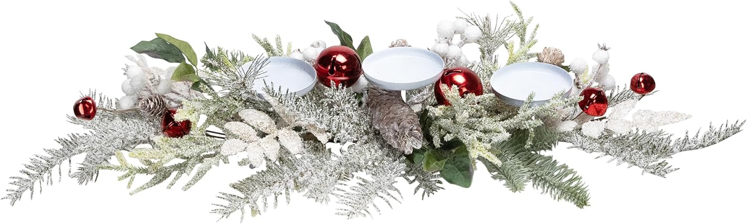 Frosted Winter Greenery and Jingle Bells Christmas Pillar Candle Holder - 28"