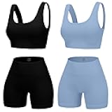 4 Piece Workout Sets for Women Seamless Ribbed High Waist Yoga shorts with Sports Bra Outfits